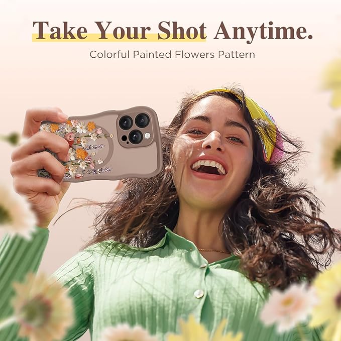 GVIEWIN for iPhone 14 Pro Case Compatible with MagSafe [Curly Wave Edge][Full Camera Protection] Floral Translucent Shockproof Magnetic Women Phone Case for 14 Pro, Primrose/Brown
