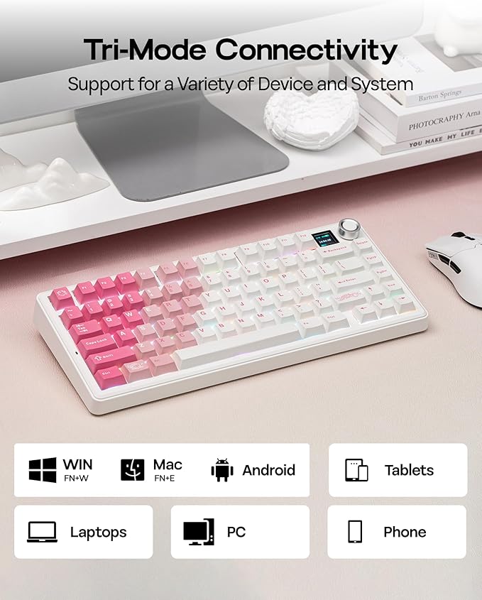 EPOMAKER X Aula F75 MAX Wireless Mechanical Keyboard with TFT Screen and Knob, Gasket Keyboard in 75% Layout, Hot Swappable Gaming Keyboard for PC/Mac/Linux (White Pink)