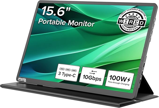 Plugable 15.6" USB-C Portable Monitor with 100W Pass-Through Charging | 2X USB-C 10Gbps Hub | FHD 1920x1080 IPS Display for Mac, Windows, iPad, Smartphone | 1.85lbs, Travel Cover/Stand Included