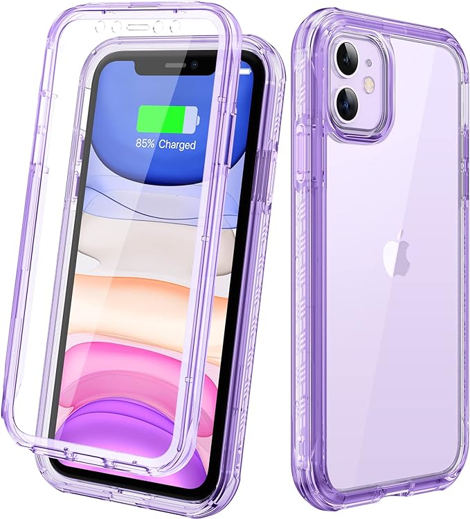 Diaclara Compatible with iPhone 11 Case, Full Body Rugged with Built-in Touch Sensitive Anti-Scratch Screen Protector, Soft TPU Bumper Case Clear Compatible with iPhone 11 6.1" (Clear Purple)