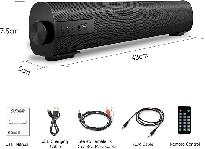Portable Soundbar for TV/PC, Outdoor/Indoor Wired & Wireless Bluetooth 5.0 Speaker with Remote Control and Coax Cable, 2X5W Mini Home Theater Sound bar with Built-in Subwoofers for Projector (Updated)