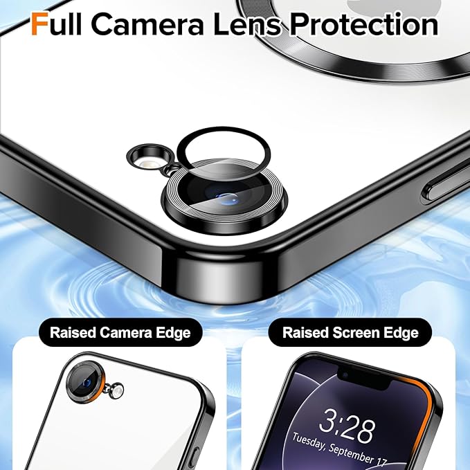 Hython Magnetic Clear for iPhone 17e Case with Camera Lens Protector [Compatible with MagSafe] Luxury Plating Edge Slim Soft TPU Cover Protective Phone Case for iPhone 17e 6.1", Black