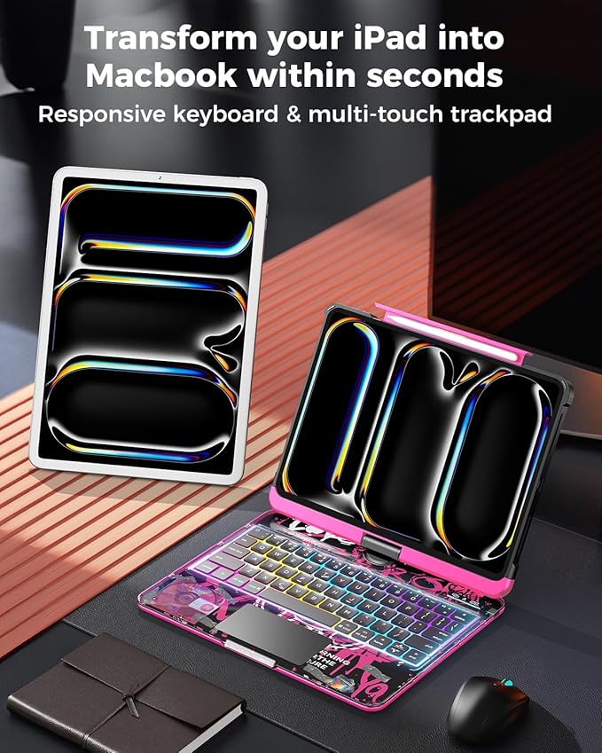 TSQQST Clear Wireless Keyboard Case for iPad Pro 11 Inch (M5/M4) 2025/2024 with Pencil Holder & Multi-Touch Trackpad, Visible PCB, 3-Brightness & 7-Color Backlight, 360° Rotating Stand, Pink