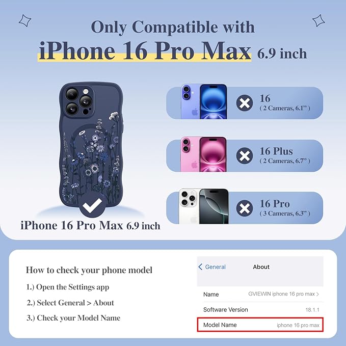 GVIEWIN for iPhone 16 Pro Max Case Compatible with MagSafe [Curly Wave Edge][Full Camera Protection] Floral Translucent Shockproof Magnetic Women Phone Case for 16 Pro Max, Floratopia/Blue