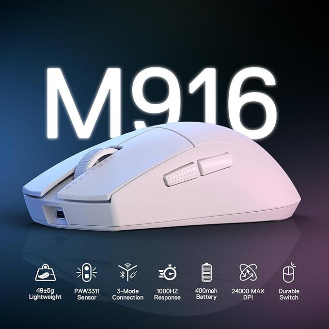 Redragon M916 STD 3-Mode Wireless Gaming Mouse, 49G Ultra-Light 24K DPI Mice w/Ergonomic Natural Grip Build, Full Programmable Buttons, Software Supports DIY Keybinds & DPI