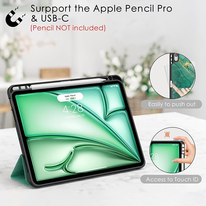 Soke Case for New iPad Air 11 Inch (M4/M3/M2, 2026-2024), iPad Air 5th/4th Generation 10.9 Inch (2020-2022) with Pencil Holder, Soft TPU Back Cover & Auto Sleep/Wake, Green Marble