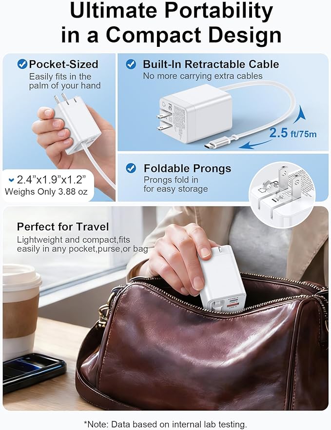 35w Retractable iPhone Wall Charger USB C, 3-in-1 Fast Charging Block with Built-in Retractable Cable, USB-C & USB-A Multi Ports, Foldable Plug Travel Ac Power Adapter for Apple 17e 17 Pro 16e 16 15