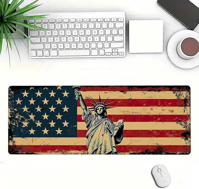 American Flag Desk Mat Vintage Statue Liberty Gaming Mouse Pad Mat with Stitched Edge Non-Slip Base Big Mouse Pad Compatible with Computer, Laptop, and Keyboard 31.5x11.8 Inch