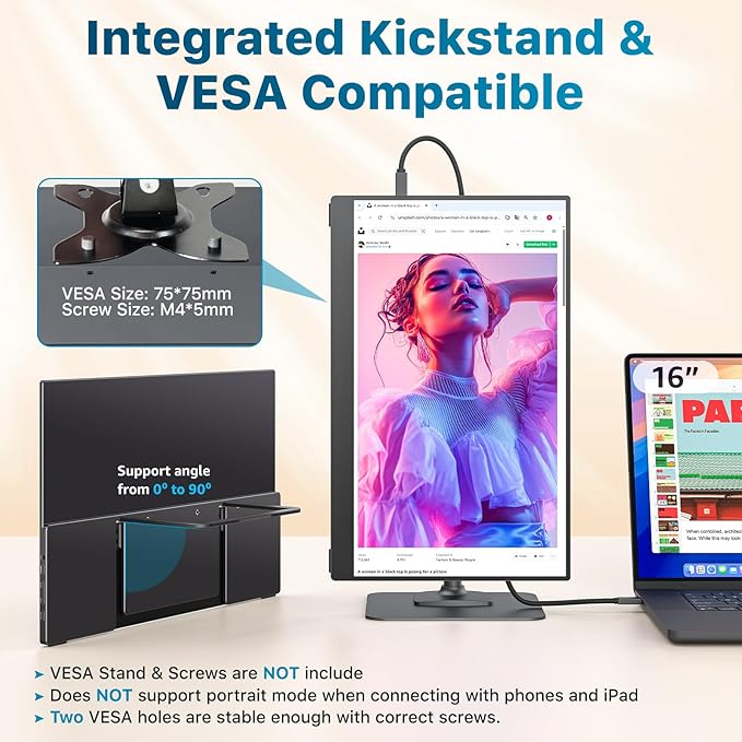 kksmart Portable Monitor for Laptop MacBook Surface PC Xbox PS5, Travel Monitor Second Screen for Laptop, HDMI USB-C VESA Compatible Built-in Speaker, 15.6inch
