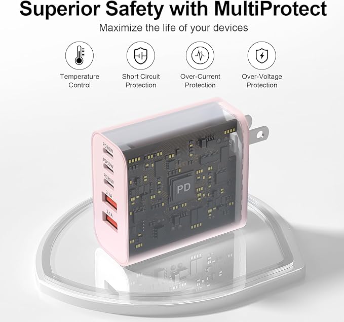USB C Charger Block, 60W 5-Port Type C Charger Fast Charging Block, USBC USB Multiple Port Wall Charger Plug Adapter for iPhone 17/Air/16/15/14/13/12/11 Pro Max, Samsung Galaxy, iPad, Tablet (Pink)