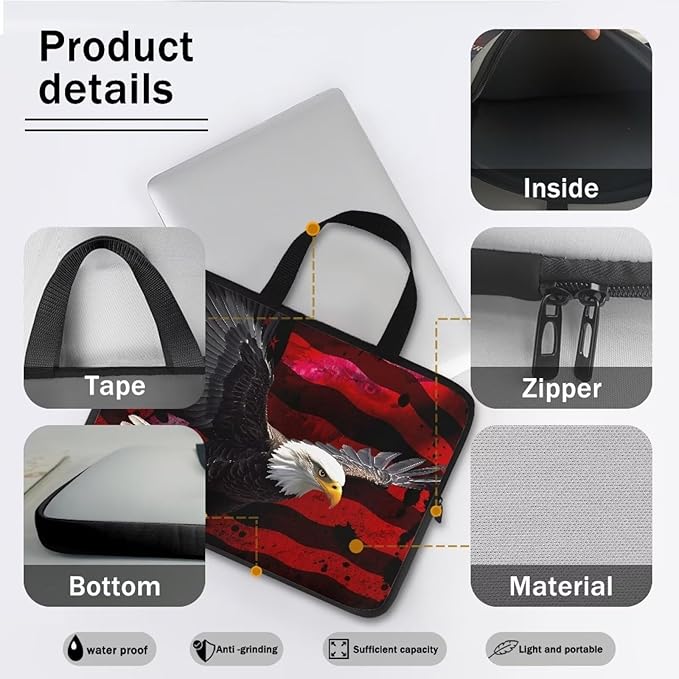 10 Inch American USA Flag Eagle Laptop Sleeve, Protective Tablet Case with Handle, Patriotic Computer Bag Carrying Case Notebook Cover Messenger Briefcase for Travel/Business/School