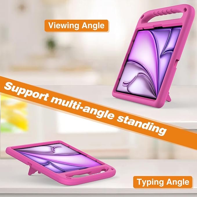 for iPad Air 11" M4 M3 M2 2026 2025 2024 Case for Kids, iPad Pro 11 Inch M5 M4 Case 2025 2024, Soft EVA Handle with Shoulder Strap Stand Cute Kids Friendly Bumper Cover, Rose