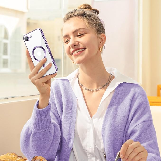 Hython Magnetic Clear for iPhone 16e Case with Camera Lens Protector [Compatible with MagSafe] Luxury Plating Edge Slim Soft TPU Cover Protective Phone Case for iPhone 16e 6.1", Deep Purple