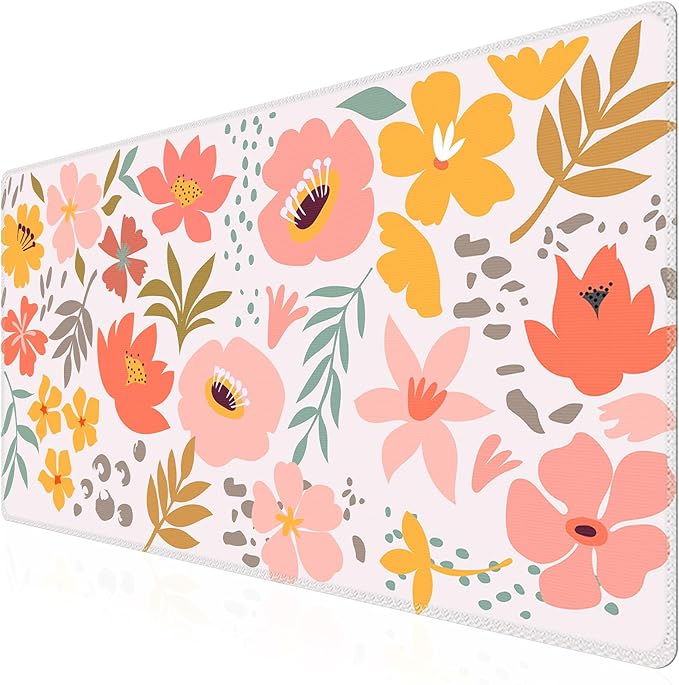 iCasso Desk Matt for Desktop, Cute Desk Pad Mat, XXL Large Mouse Pad, Anti-Slip Big Mousepad with Stitched Edges, Keyboard Pad Mouse Mat for Computer, Work, Gaming (Flowers Leaves)