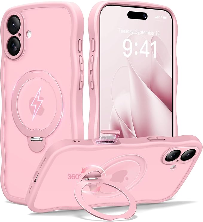 CAPRARO for iPhone 16 Case with 360° Spin Magnetic Stand for Women, [Compatible with MagSafe] [Full Camera Protection] Cute Wave Translucent Matte Case for iPhone 16, Peach Pink