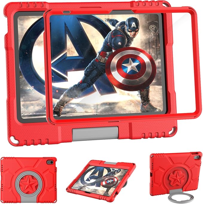 Kids Case for iPad 10th Generation 10.9-inch (2022) & iPad Air 11-inch M2 (2024) & iPad Pro 11-inch M4 (2024), Lightweight Shockproof Case Built-in Screen Protector with Handle Stand, Red