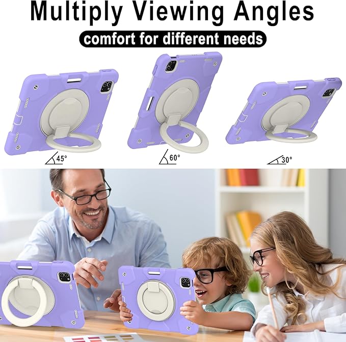 SCSVPN for iPad Air 5th/4th Generation Case 10.9'', Protective Kids Case for iPad Pro 11 Inch 2022 2021 2020 2018(4th/3rd/2nd/1st gen) with Pencil Holder-Rotation Stand/Handle-Shoulder Strap, Purple