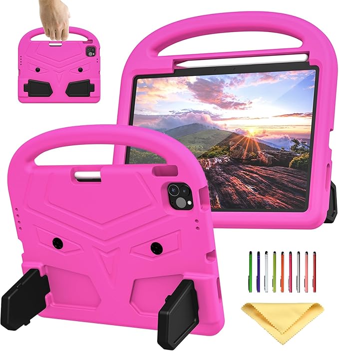 Kids Case for Apple iPad Air 11 inch M3/M2 & iPad Pro 11 inch M5/M4 (2025/2024) with Pencil Holder/Handle/Kickstand Lightweight Soft EVA Foam Shockproof Stand Girls Boys Cover, Pink Bird