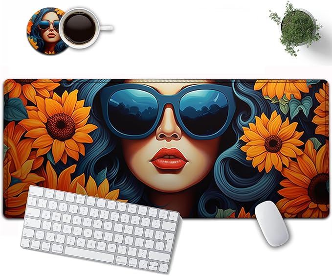 Large Mouse Pad, 31.5 x 11.8in Extended Gaming Mouse Pad with Stitched Edges, XXL Desk pad Protector Non Slip Rubber Base for Office Home Writing Mat,African American Pretty Girl Sunflower Woman
