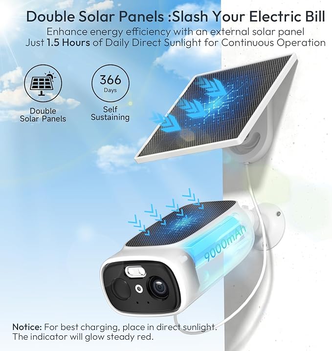 2pc 2.4G/5G WiFi Cameras for Home Security with Double Solar Panels, 2K Solar Security Cameras Wireless Outdoor, Color Night Vision , 2-Way Talk, Spotlight, Siren,IP66, Cloud/SD, AI Detection, W/Alexa