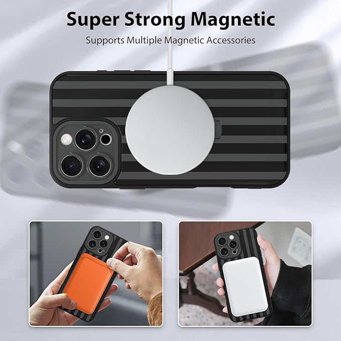 KANGHAR Compatible with iPhone 16 Pro Case, Support for MagSafe, Silicone Stripes Cute Pattern, Wristband Kickstand Camera Protection Soft Slim Cover for Girls Women -Black