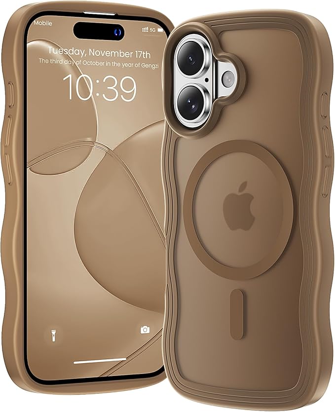 toushion for iPhone 17 Case Cute Brown,Fits MagSafe,Matte Skin Feeling Back,Curly Wave Edge,Slim & Durable & Stylish,Cover Military-Grade Protection