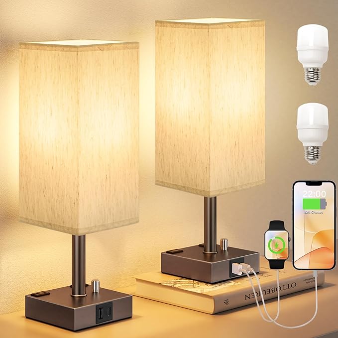 aooshine Brown Fully Dimmable Nightstand Lamps Set of 2 - Table Bedside Lamp with USB C+A Charging Ports & 2 AC Outlets, Square Lamp Sets Linen Fabric Shade for Bedroom (Bulb Included)