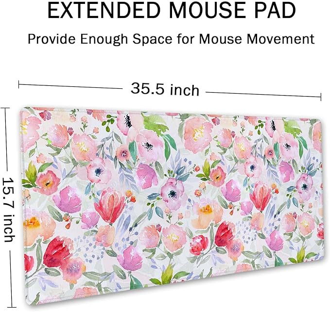 SSOIU Extended Gaming Mouse Pad (35.5x15.7 in), Large Stable Rubber Base Mousepad with Stitched Edges, Keyboard Mouse Mat Desk Pad for Work, Game, Office, Home - Watercolor Floral Botanical Pattern