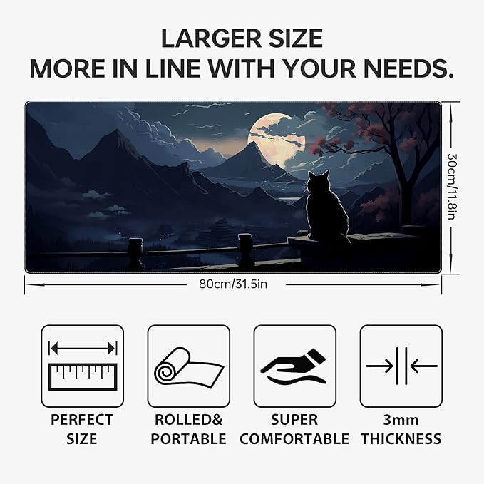 Moon Cat Large Gaming Mouse Pad,Black XL Mouse Pad Gaming 31.5 x 11.8 in Mouse Mat Desk Pad,Large Desk Mat,Extended Keyboard Pad Mousepad with Non-Slip Base and Stitched Edge for Office Home Gaming