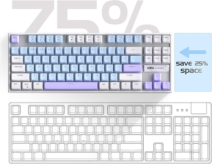 MageGee 75% Mechanical Gaming Keyboard, Blue Switch, LED Blue Backlit, 87 Keys Compact TKL Wired Keyboards for Windows Laptop PC Gamer - Blue/White