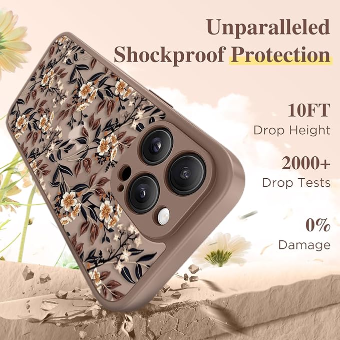 GVIEWIN for iPhone 15 Pro Max Case Compatible with MagSafe, [Military Grade Protection] [Screen Protector] Full Camera Protection Floral Translucent Women Magnetic Phone Case, Bunchflower/Brown
