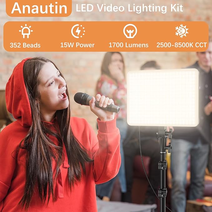 2-Pack LED Video Lighting Kit, Anautin 15W/1700Lux Photography Lighting with Tripod Stand, 2500-8500K Dimmable Streaming Light for Video Recording, Gaming, Podcast, Barber, Salon, TikTok, YouTube