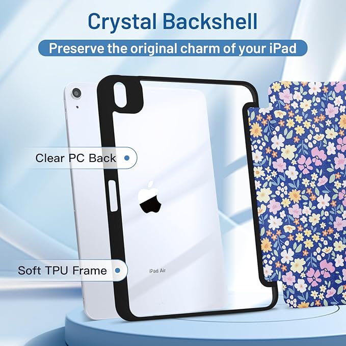 MrARTIST for iPad Air 11 Inch Case M3/M2 - Air 5th/4th Generation 10.9" Cute Women Girls Girly Kawaii Aesthetic Kawaii Design for Apple Air Tablet Cover with Pencil Holder, Blue Floral
