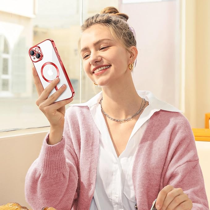 Hython Magnetic Clear for iPhone 15 Case with Camera Lens Protector [Compatible with MagSafe] Luxury Plating Edge Slim Soft TPU Cover Protective Phone Case for iPhone 15 6.1", Red