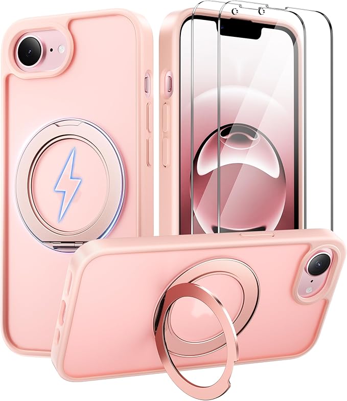360°Ring Stand for iPhone 16E/17E Case with 2X Screen Protector,Fit for MagSafe, Anti-Yellowing & Scratch-Resistant Back Phone Case for iPhone 16E/17E 6.1", Pink