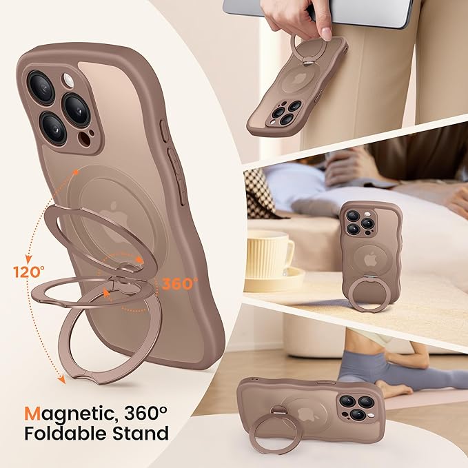 CAPRARO for iPhone 14 Pro Max Case with 360° Spin Magnetic Stand for Women, [Compatible with MagSafe] [Full Camera Protection] Cute Wave Translucent Matte Case for iPhone 14 Pro Max, Brown