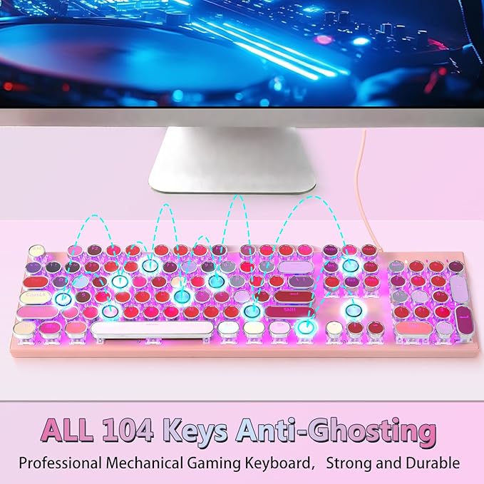 HUO JI Typewriter Mechanical Gaming Keyboard with RGB Sidelit and Purple LED Backlit, Retro Style, Red Switches, Metal Panel, Lipstick 104 Keys for Mac, PC, Cute Pink