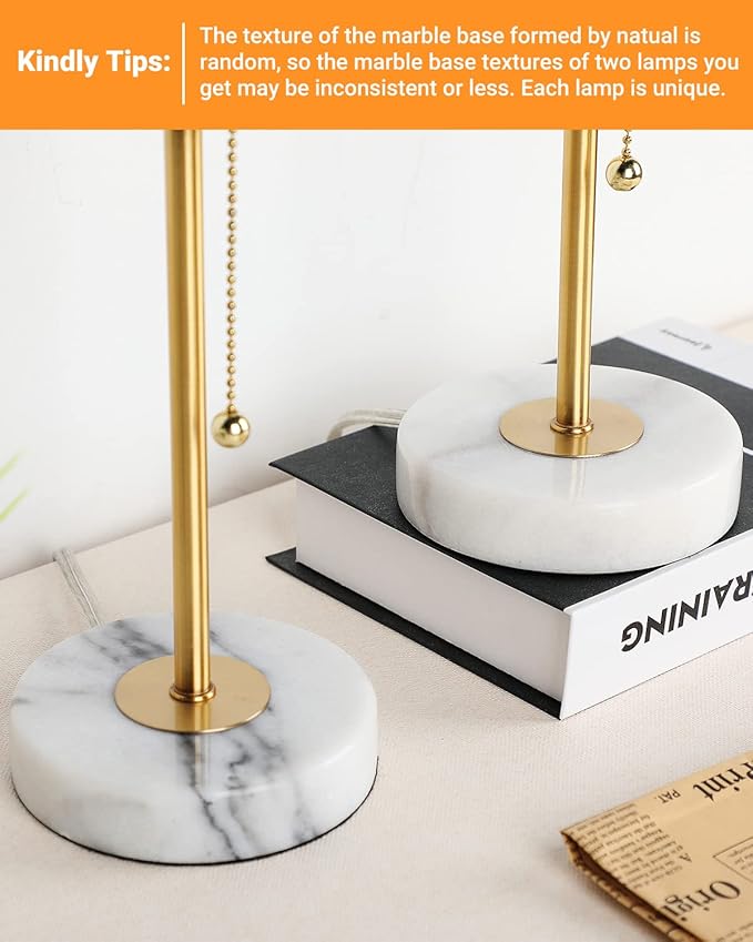 JUNNAI Table Lamps Set of 2, Gold Bedside Lamps, 3 Way Dimmable Nightstand Lamps with Marble Base & Linen Shade &Pull Chain,18.5 Inches Tall Skinny Desk Lamps for Bedroom Living Room(Bulbs Included)