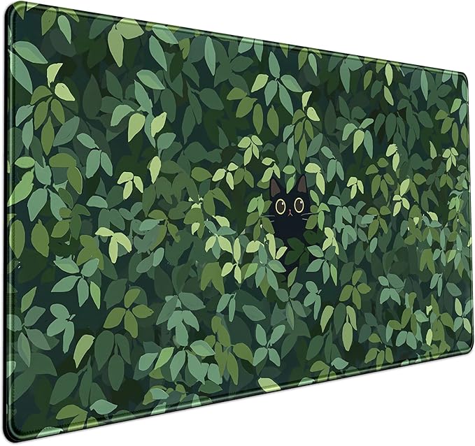 Cute Cat Kawaii Green Desk Mat - Large Gaming Mouse Pad & Keyboard Laptop Mat - Anime XL (31.5x15.7 in) - Non-Slip Base, Stitched Edges