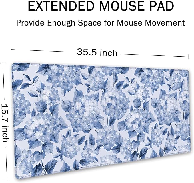 SSOIU Blue Hydrangea Flowers Desk Mat, Floral Large Aesthetic Mouse Pad 35.5" X 15.7", Waterproof Desk Mat Stitched Edges, Non-Slip Laptop Computer Keyboard Mousepad for Office and Home