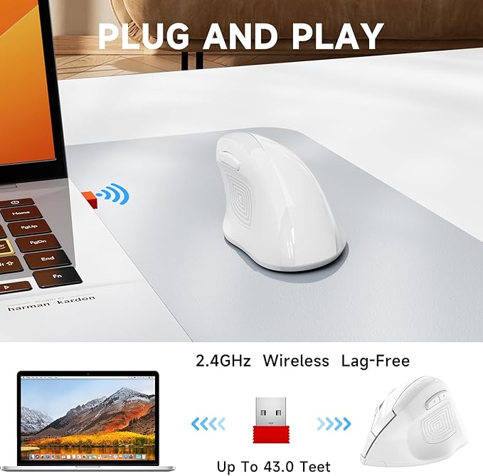 memzuoix Ergonomic Wireless Mouse, 2.4G Optical Cordless, 800/1200/1600 DPI, Vertical Computer Mouse for Laptop, Mac, PC, Desktop (Right Hand, Large) - White
