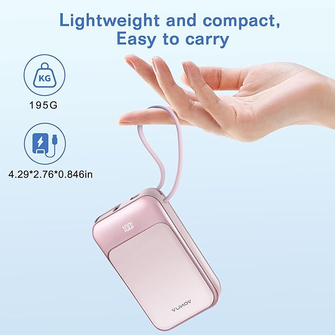 Magnetic Power Bank 10000mAh, Wireless Portable Charger with 15W Max Fast Charging & Built-in USB-C Cable, 22.5W PD LED Display Battery Pack Compatible with iPhone 17/16/15, Samsung Galaxy(pink)