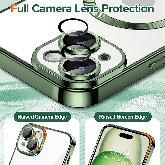 Hython Magnetic Clear for iPhone 15 Case with Camera Lens Protector [Compatible with MagSafe] Luxury Plating Edge Slim Soft TPU Cover Protective Phone Case for iPhone 15 6.1", Deep Green