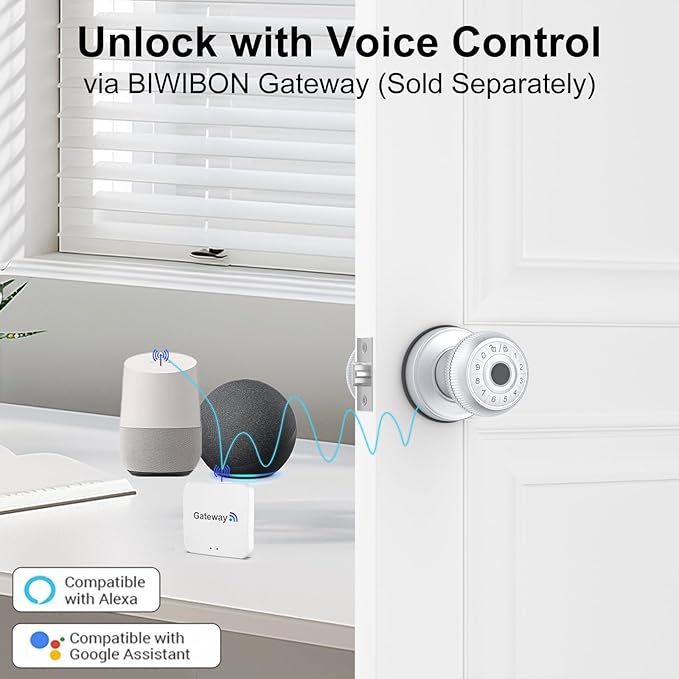 BIWIBON 4-in-1 Smart Door Knob, Fingerprint Door Knob with App Control, Smart Fingerprint Door Lock with Keypad, Real Privacy Mode, Auto Lock, Ideal for Home, Bedroom, Garages &Office, Silver,1 Pack