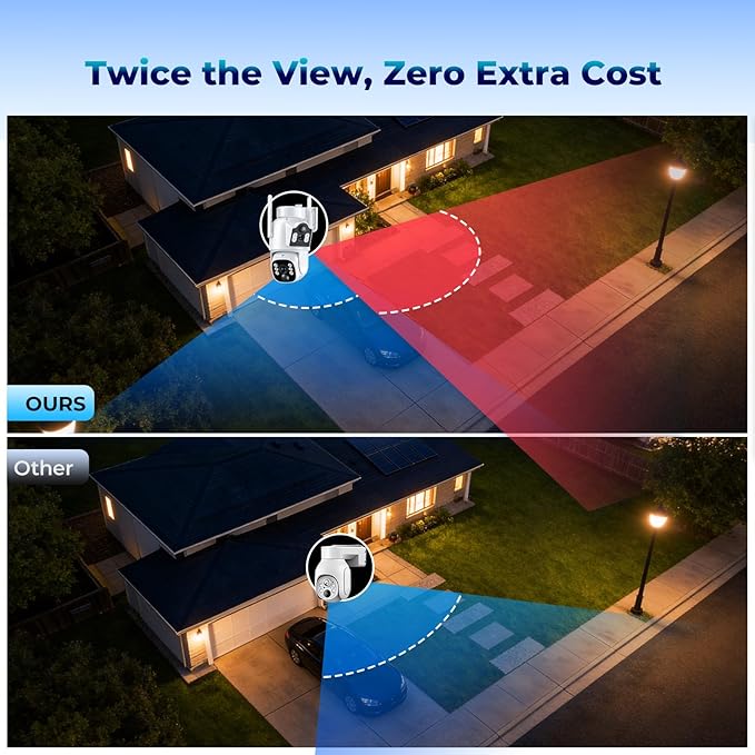 Solar Security Cameras Wireless Outdoor, Dual-Lens Security Camera System, Multi-Angle Monitoring, 360°PTZ, 2K Color Night Vision,2-Way Audio, 0 Monthly Fee, 2.4 & 5GHz WiFi