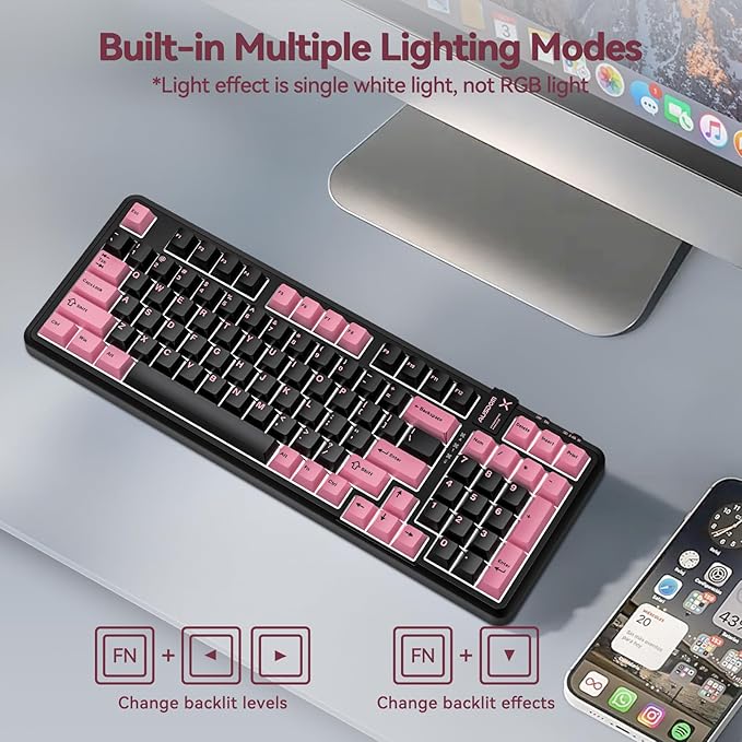 AUSDOM 98Pro Wireless Mechanical Keyboard, Tri-Mode BT/2.4GHz/USB-C Hot Swappable Custom Gaming Keyboard with Backlit, Gasket Structure, Linear Switches for Windows/Mac/PC (Clicky Sound)