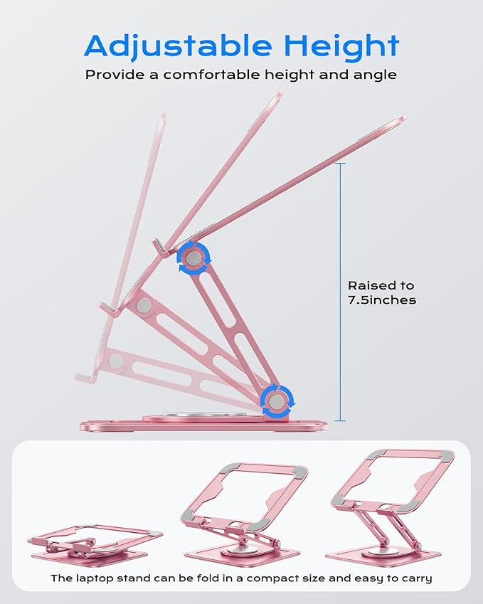 LOXP Adjustable Laptop Stand, Computer Stand with 360 Rotating Base, Ergonomic Laptop Riser Mount for Desk Foldable Protable Computer Desk Fits with MacBook Pro Air (10-16") - Pink