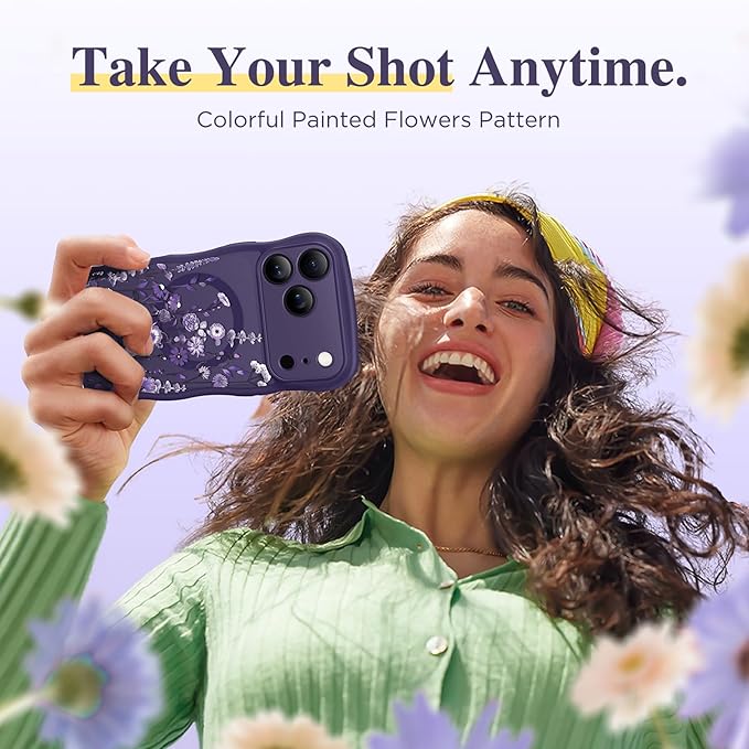 GVIEWIN for iPhone 17 Pro Max Case Compatible with MagSafe [Curly Wave Edge][Full Camera Protection] Floral Translucent Shockproof Magnetic Women Phone Case for 17 Pro Max, Dark Floratopia/Deep Purple