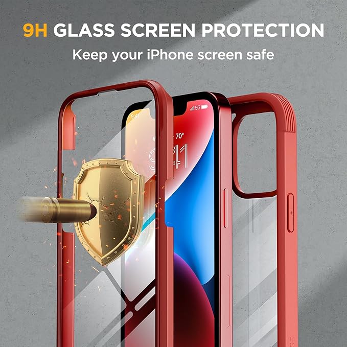 Miracase Glass Series Designed for iPhone 14 Case 6.1 inch, 2023 Upgrade Full-Body Clear Bumper Case with Built-in 9H Tempered Glass Screen Protector and Camera Lens Protector,Red