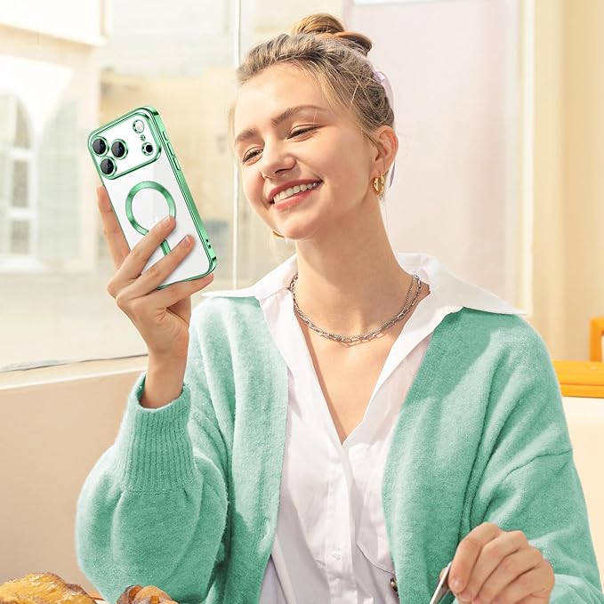 Hython Magnetic Clear for iPhone 17 Pro Case with Camera Lens Protector [Compatible with MagSafe] Luxury Plating Edge Slim Soft TPU Cover Protective Phone Case for iPhone 17 Pro 6.3", Light Green